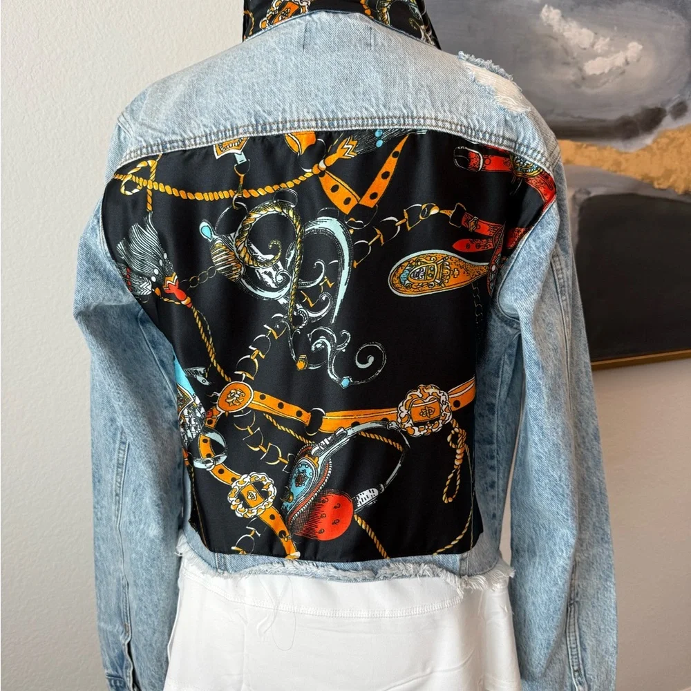 Denim Jacket with Black Printed Satin Back Panel - Picture 10 of 10